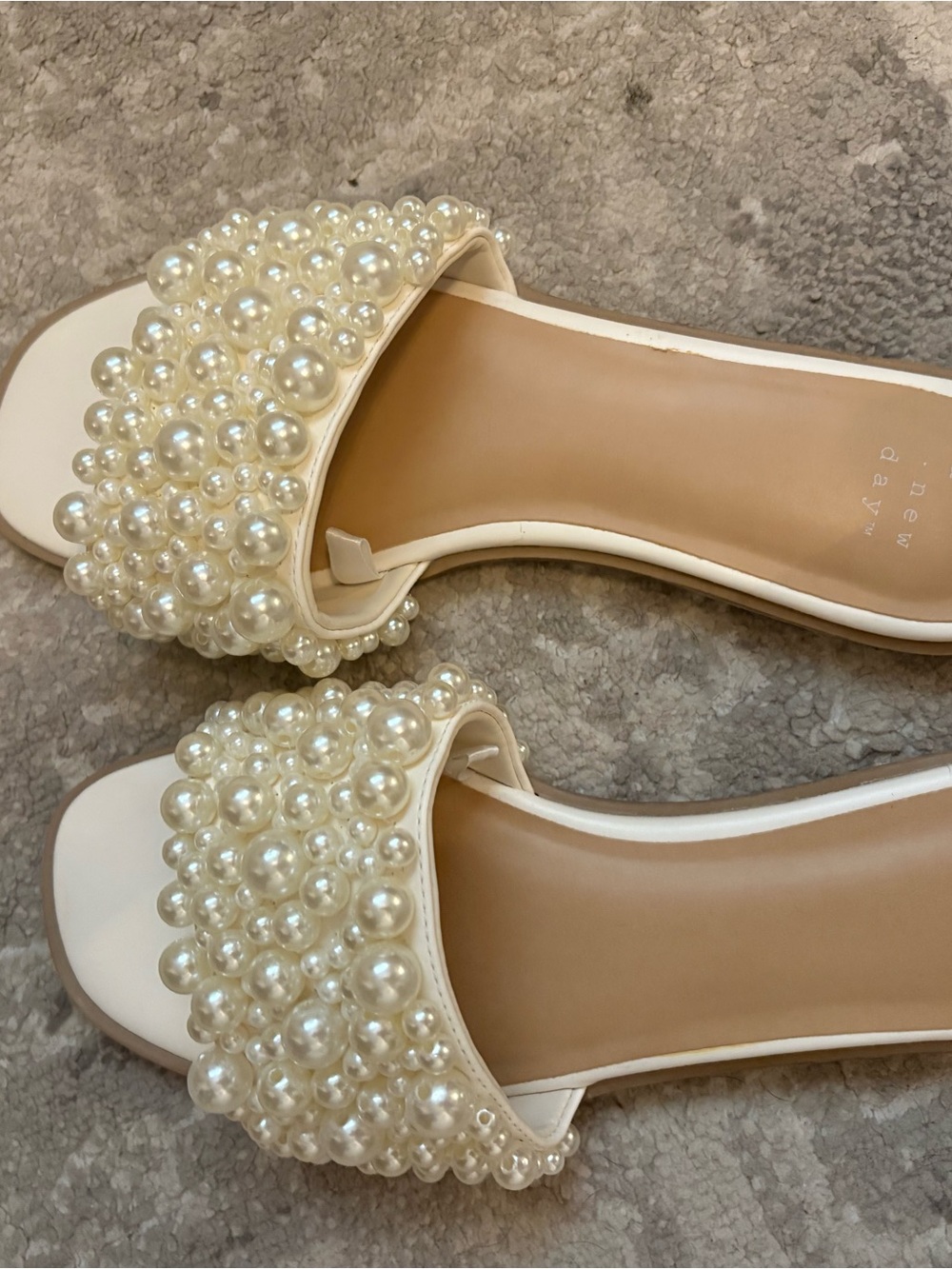 Pearl-Embellished Cream Slide Sandals